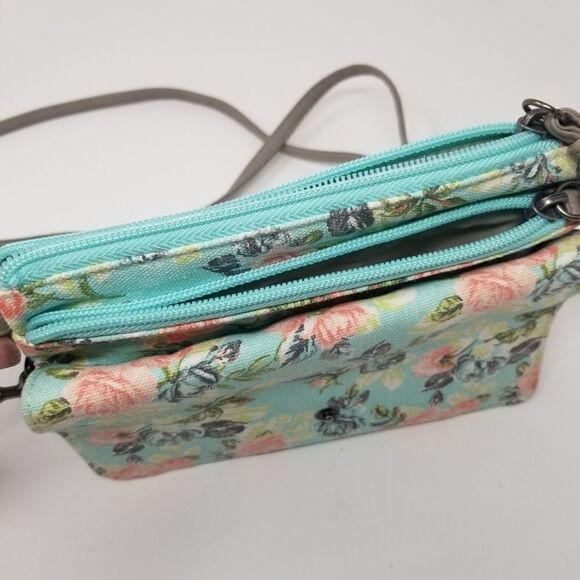 Mint Pink Floral Canvas Like Crossbody/Wristlet Bag. - Picture 4 of 14